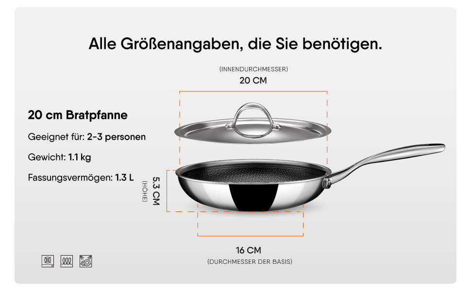 Гібридна сковорода з нержавіючої сталі Антипригарне покриття, стійке до подряпин Для всіх варильних поверхонь Сковорода з індукційним дном Ø 20 см 1,3 л (на 2 особи) Сковорода з кришкою 20 см