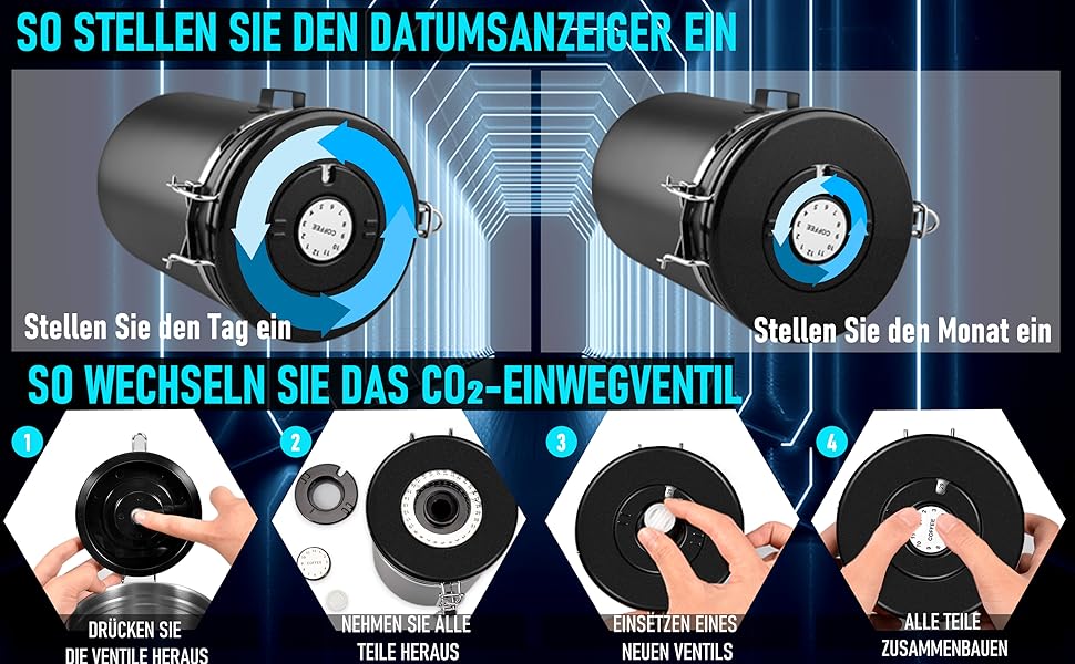 Контейнер для кави 1 кг з нержавіючої сталі з герметичним клапаном, вікном та мірною ложкою