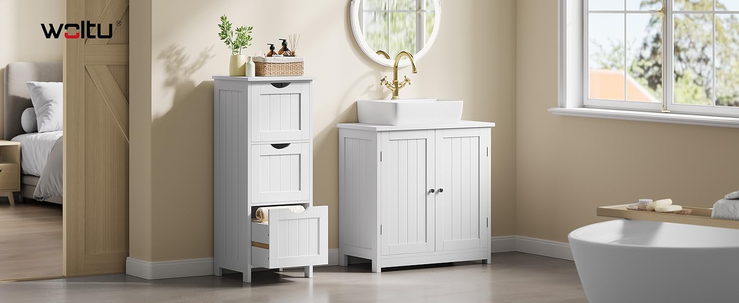 Шафа для ванної кімнати WOLTU, вузька шафа з 3 висувними ящиками, 32 x 30 x 81 см, для ванної, вітальні, спальні, кухні, сучасний дизайн, білий колір, BZS123ws