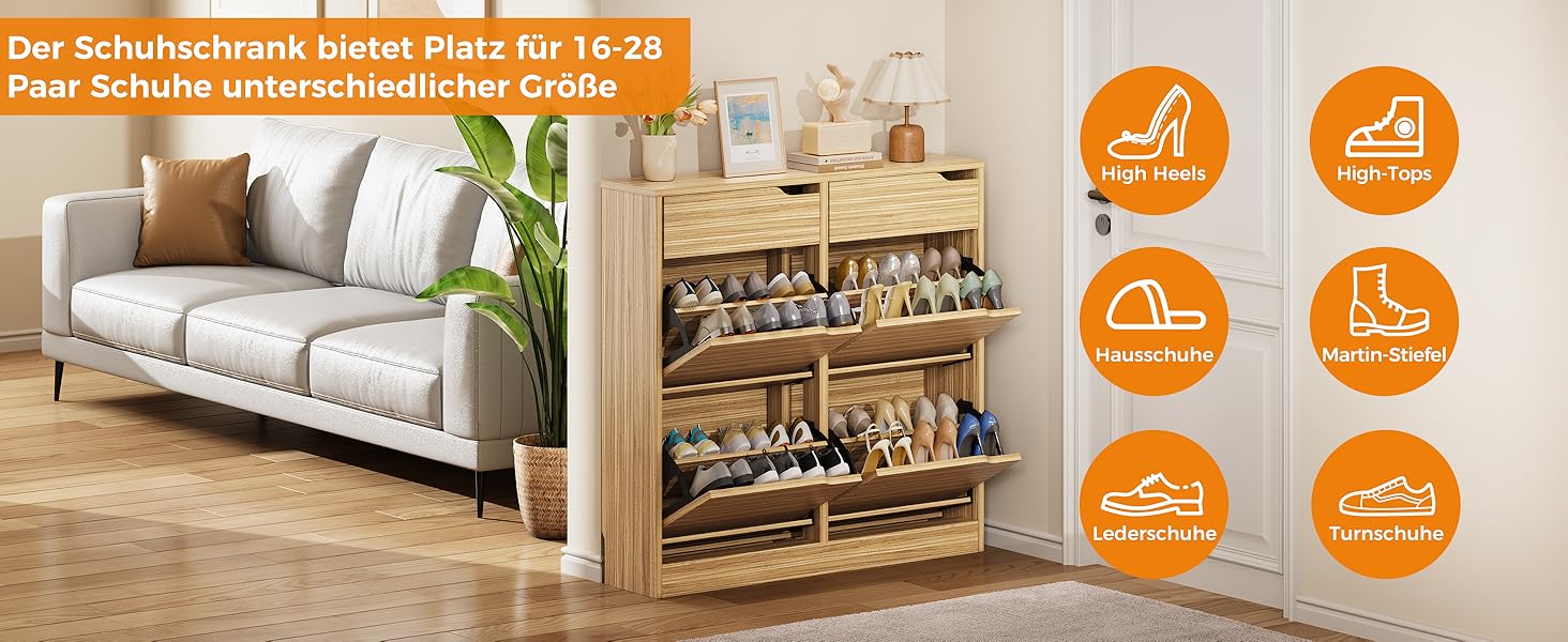 Шкаф для взуття IRONCK з 4 дверцятами, вузький, з 2 висувними ящиками, окремо розташований, з регульованими перегородками, для прихожого, входу та вітальні (білий). Матеріал: дерево. Розміри: 100x23.5x98 см