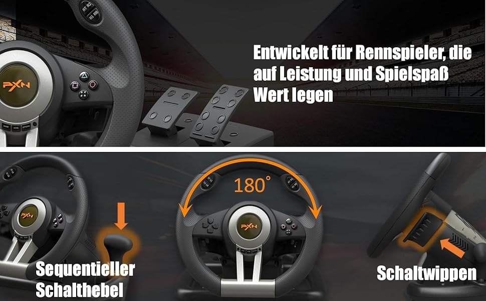 PXN V3 Pro Ігровий кермо з педалями для ПК, PS4, PS3, Xbox, Nintendo Switch. 180° поворот, вібрація, педалі, перемикачі швидкостей - Чорний