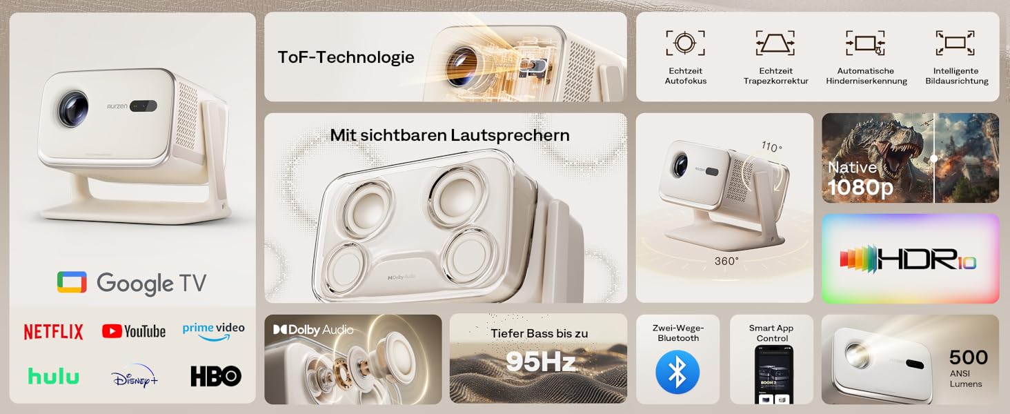 Aurzen Boom Mini 4-в-1 Smart Beamer з Google TV, 4K, проєктор для дому та на вулицю, 20W Dolby Audio, 500 ANSI, ToF автофокус, корекція трапеції, Wi-Fi/Bluetooth, підтримка смартфонів (кремовий)