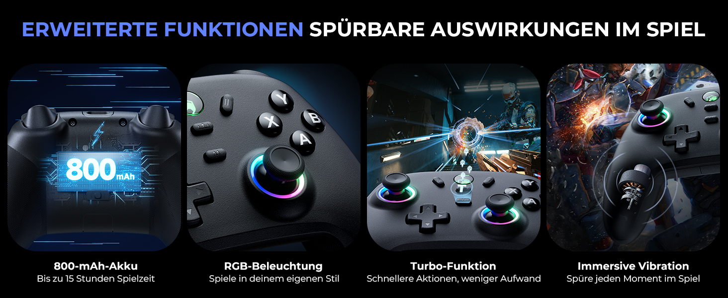 Ігровий бездротовий контролер ECHTPower для PC, Switch, Steam Deck, Android, iOS — RGB-підсвітка, Hall-джойстики, Turbo, вібрація, акумулятор 800mAh, чорний