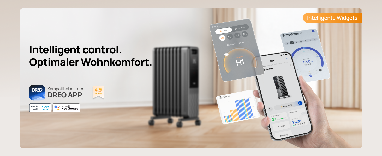 Електричний масляний радіатор Dreo OH310, 2000W, з пультом керування, 9 ребер, термостат, таймер, захист від перегріву та перекидання