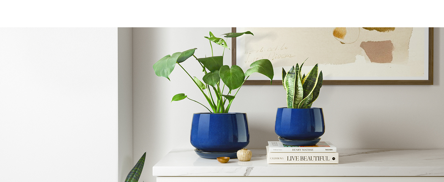 Керамічні горщики LE TAUCI з підставкою, 10+13+16 см, набір з 3 горщиків для кімнатних рослин, з дренажним отвором, колір Сафіровий Блакитний