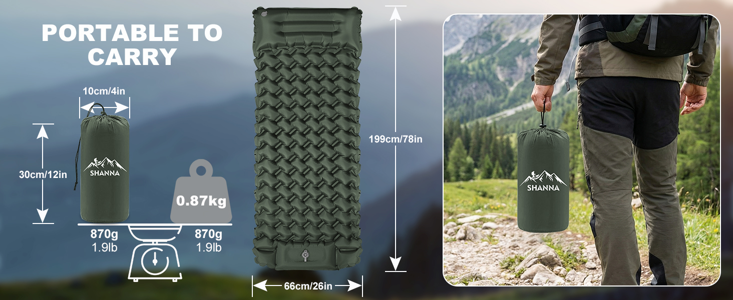 Кемпінговий надувний килимок SHANNA Outdoor: потовщений (12 см), ультралегкий матрац для походу та кемпінгу з вбудованим ножним насосом, армійський зелений