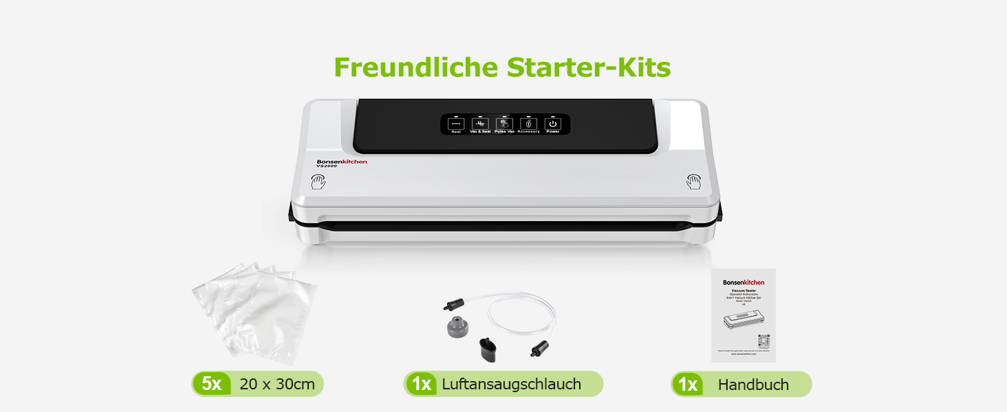 Вакууматор для продуктів Bonsenkitchen — швидкий вакуумний пакувальник з функцією запайки, білий (комплект: 5 пакетів та шланг)