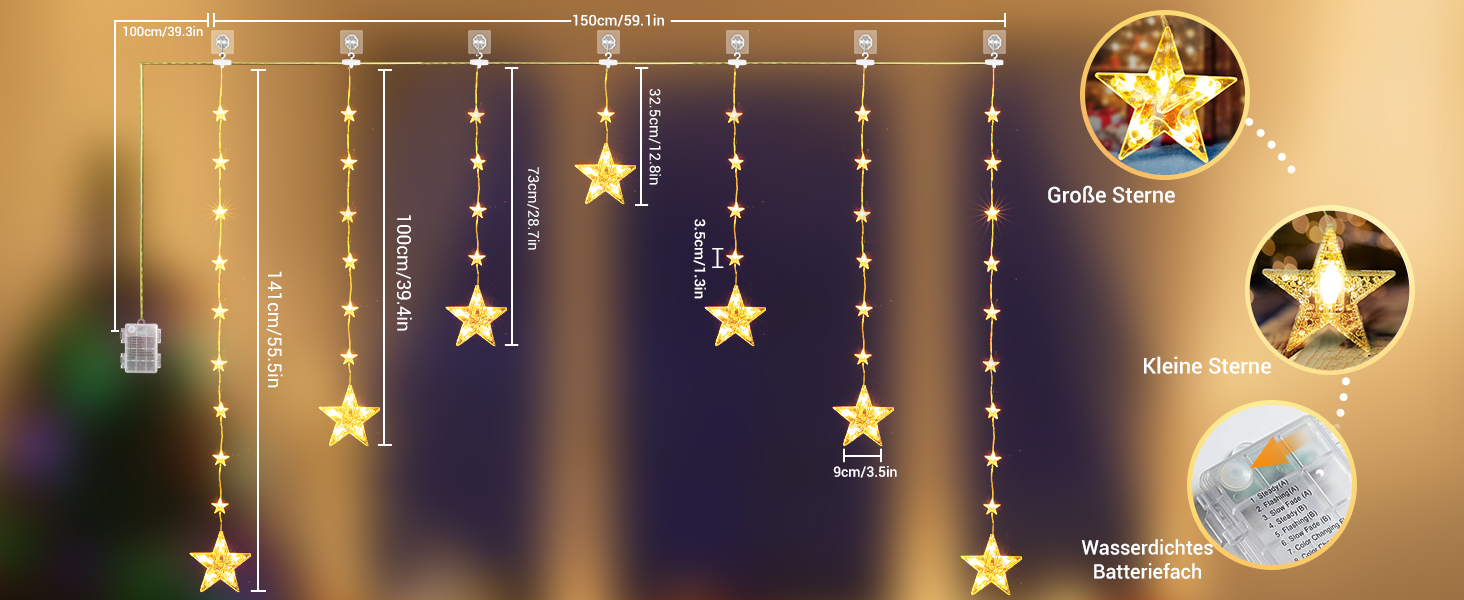Світлодіодів 2 м зірчаста штора, розширювана, теплий білий/кольоровий, 8 режимів, IP44, внутрішня/зовнішня, 138