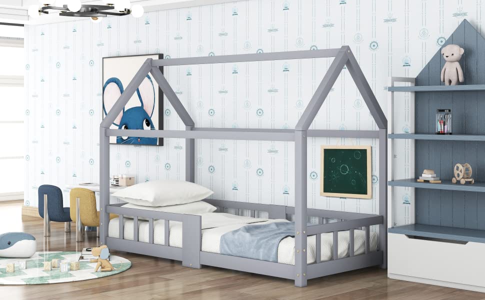 Дитяче ліжко-будиночок Moimhear 90x200 см, сірий колір, з соснового дерева, для дітей