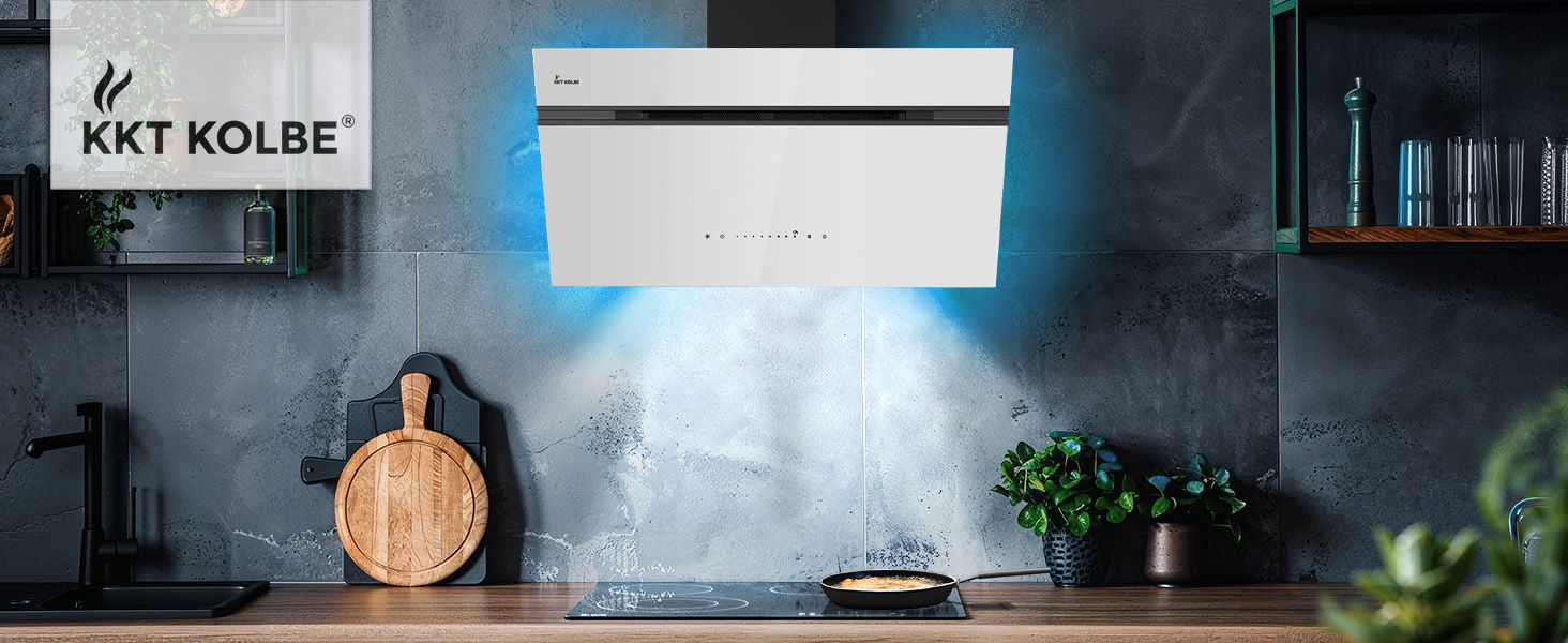 Витяжка для кухні KKT KOLBE AURORA6005FB 90 см, чорна з білим склом, потужність 782 м³/год, WiFi, RGBW LED-підсвітка, сенсорне керування, режим рециркуляції та відведення