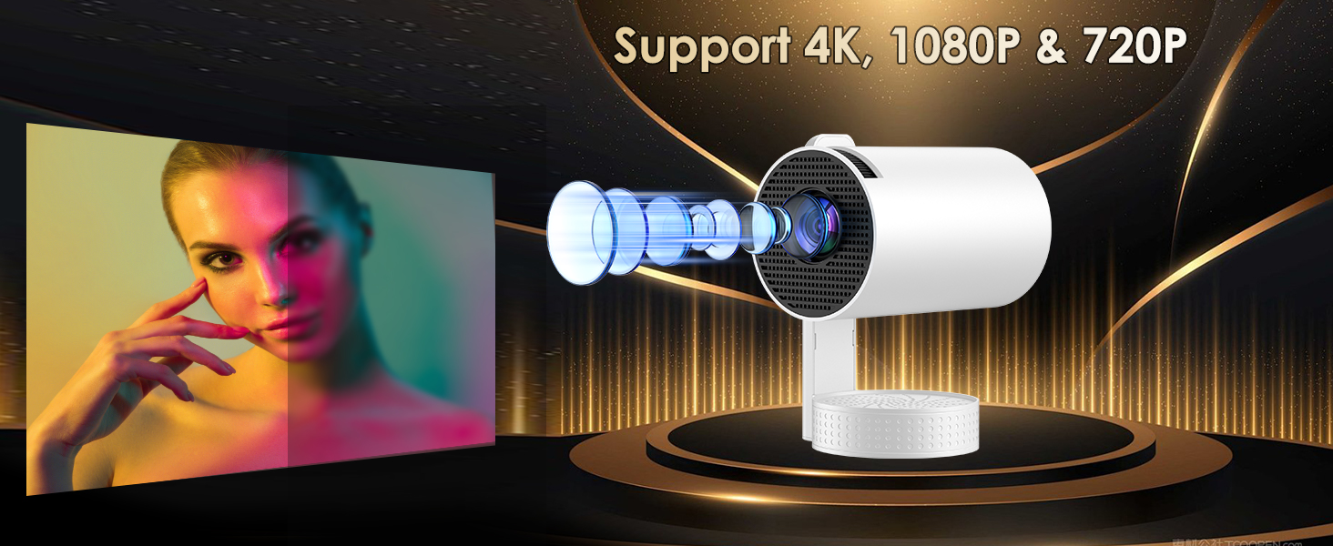 Портативний проєктор Mini Beamer 4K/1080p з Wi-Fi 6, Bluetooth 5.4, Android 13.0. Короткий фокус, поворот 270°, авто-корекція трапецеїдальних спотворень. Підтримка HDMI, TV Stick, Laptop, Memory Stick