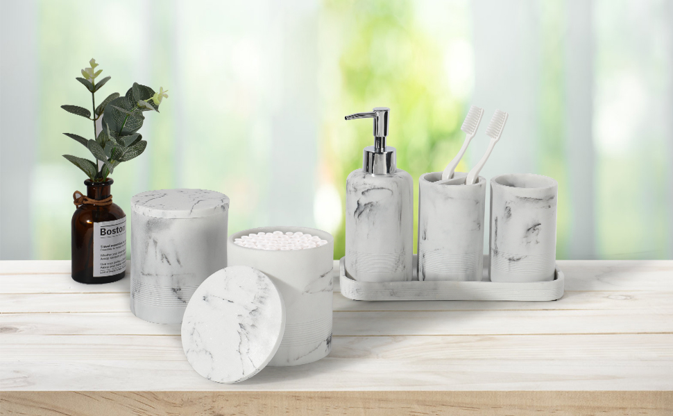 Набір для ванної кімнати ZCCZ 6 предметів: органайзер для зубних щіток, дозатор мила, миска для косметики та ватних паличок. Елегантний декор у мармуровій стилістиці, чорний колір для сучасного інтер'єру.