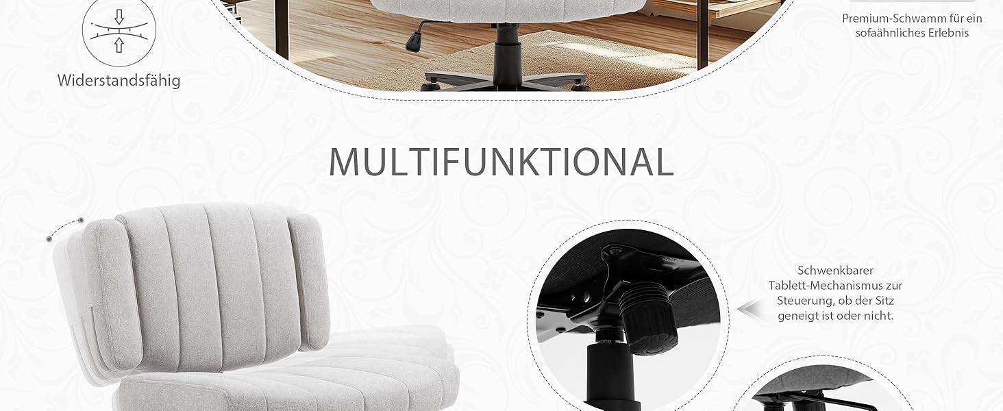 Крісло Vigosit Criss Cross з колесами, регульована ширина підлокітників, антиковзаюча тканина, комфортне сидіння, сучасний стиль, поворотне крісло для дому, туалетного столика, офісу (Сірий)