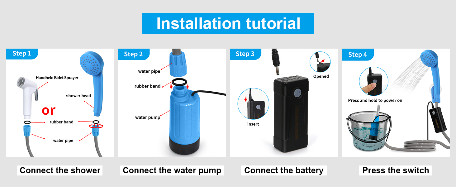Портативний кемпінговий душ Koopsmate, світлодіодне світло, знімний акумуляторний насос для душу для кемпінгу, портативна насадка для душу на відкритому повітрі, водяний насос із відра в стабільній і м'якій душовій лійці, використовується для кемпінгу та подорожей (синій)
