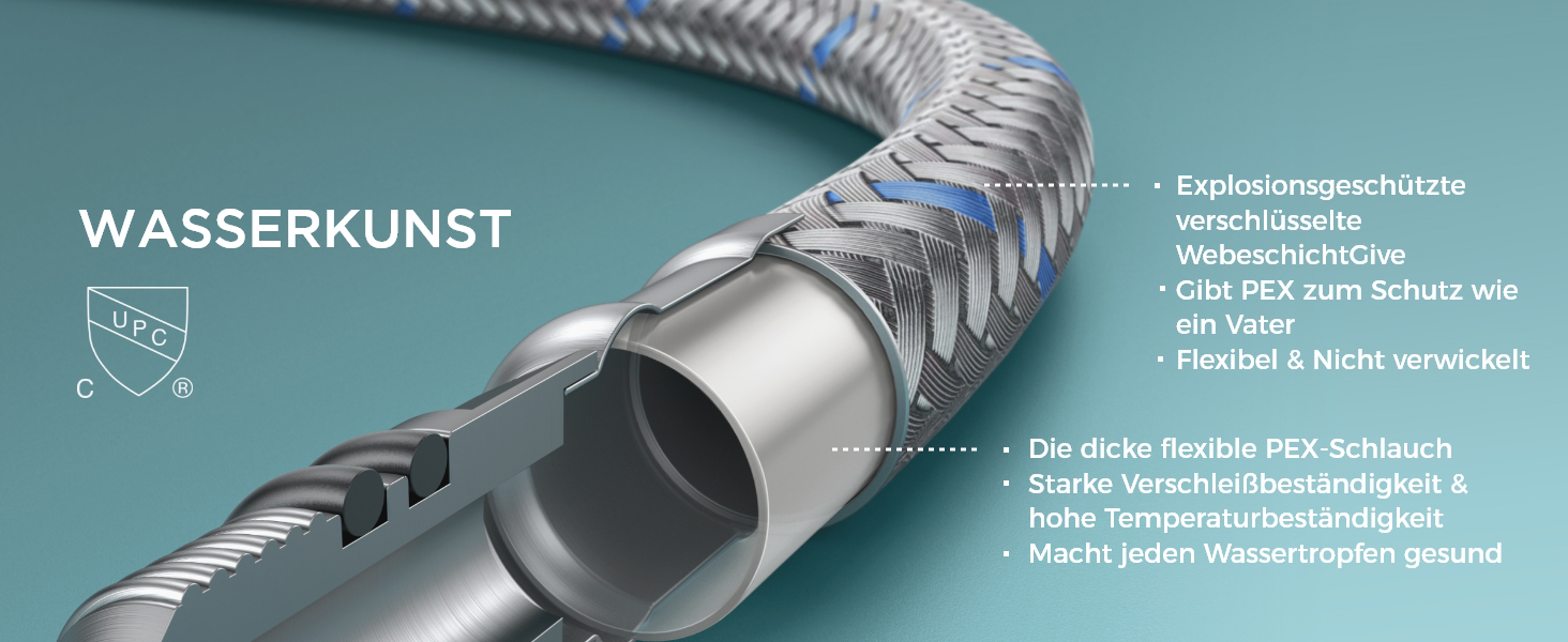 Змішувач для ванної кімнати/кухні FORIOUS Hoch 360° з нержавіючої сталі, з підйомом 175 мм, з підключенням до гарячої та холодної води, полірований хром