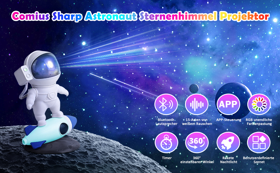 Проектор зоряного неба Comius Sharp Astronaut з Bluetooth, білим шумом і керуванням APP