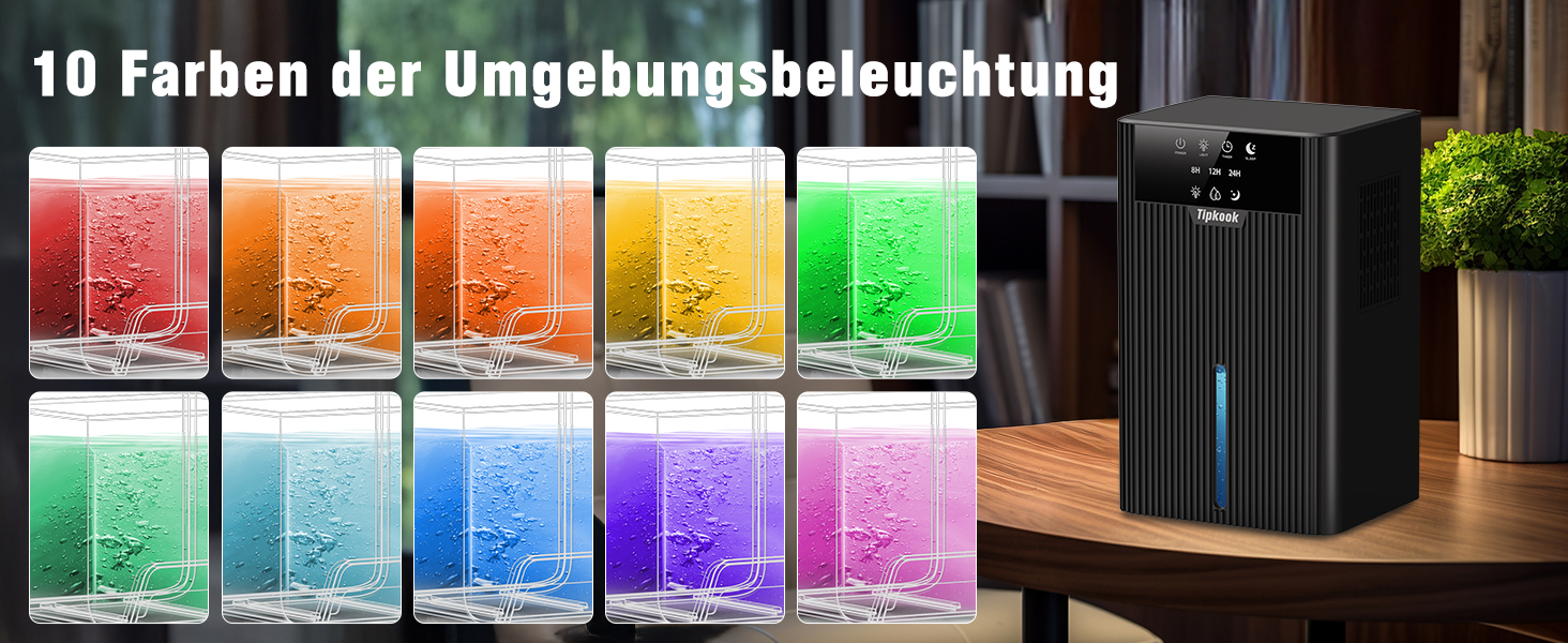Електричний осушувач повітря Tipkook 2400 мл з автоматичним розморожуванням, 10 кольорів підсвічування, таймер 8/12/24 год, 35 дБ, портативний для ванної, спальні, кухні, шафи (новий, чорний)