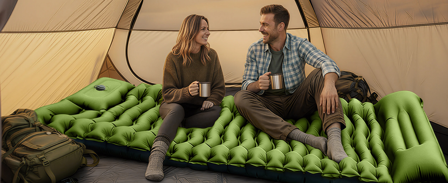 Надувний кемпінговий килимок Yuzonc з вбудованим насосом та подушкою, компактний туристичний матрац для походів та пляжу, зелений