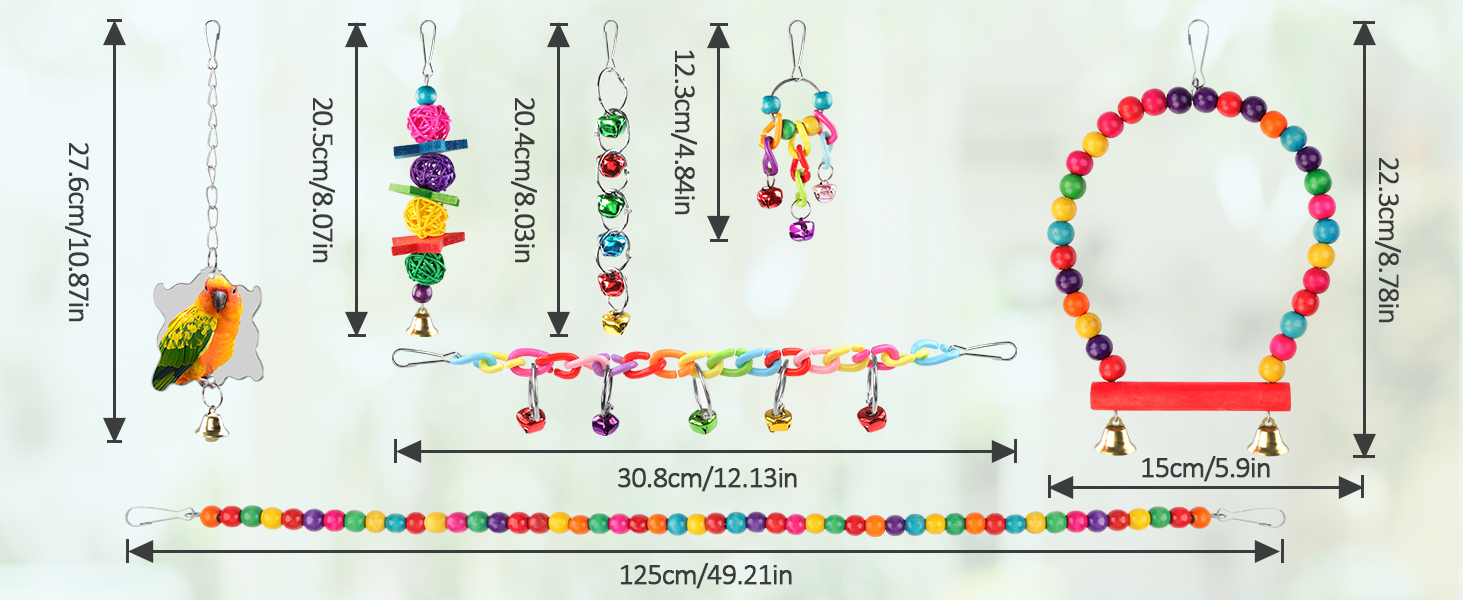 Іграшки для птахів Pethee жуйка, гойдалка, дзвіночки 8 шт різнокольорові
