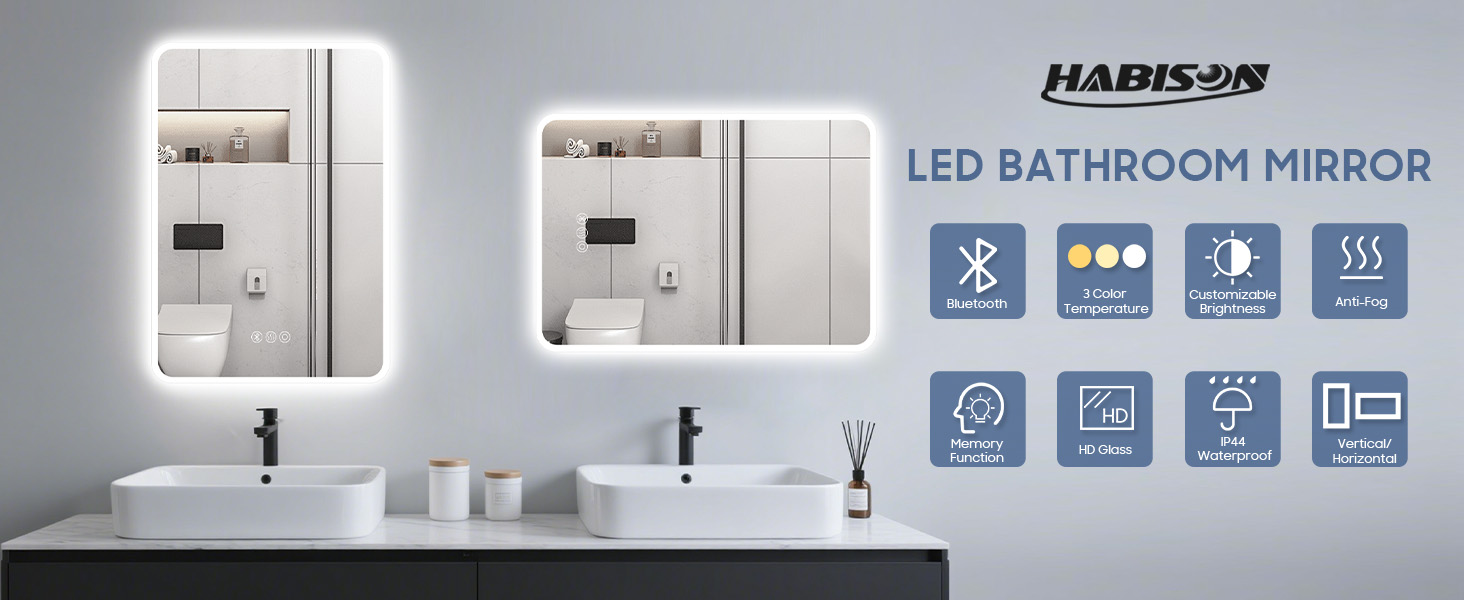 Дзеркало для ванної кімнати Habison з підсвічуванням, Bluetooth, 60x80 см, LED, протитуманне, 3 режими, диммування, IP44