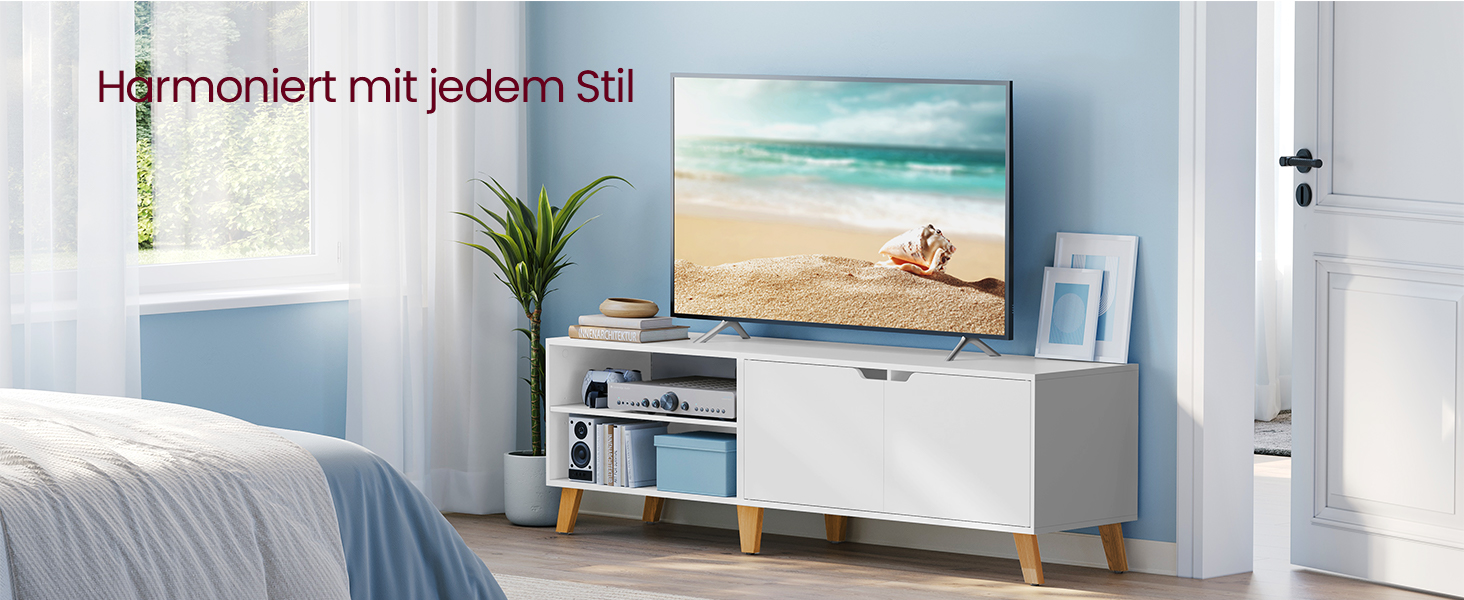 Тумба під телевізор VASAGLE 160 см, біла, з двома дверцятами, для ТВ до 65 дюймів, з регульованими полицями, для вітальні, спальні