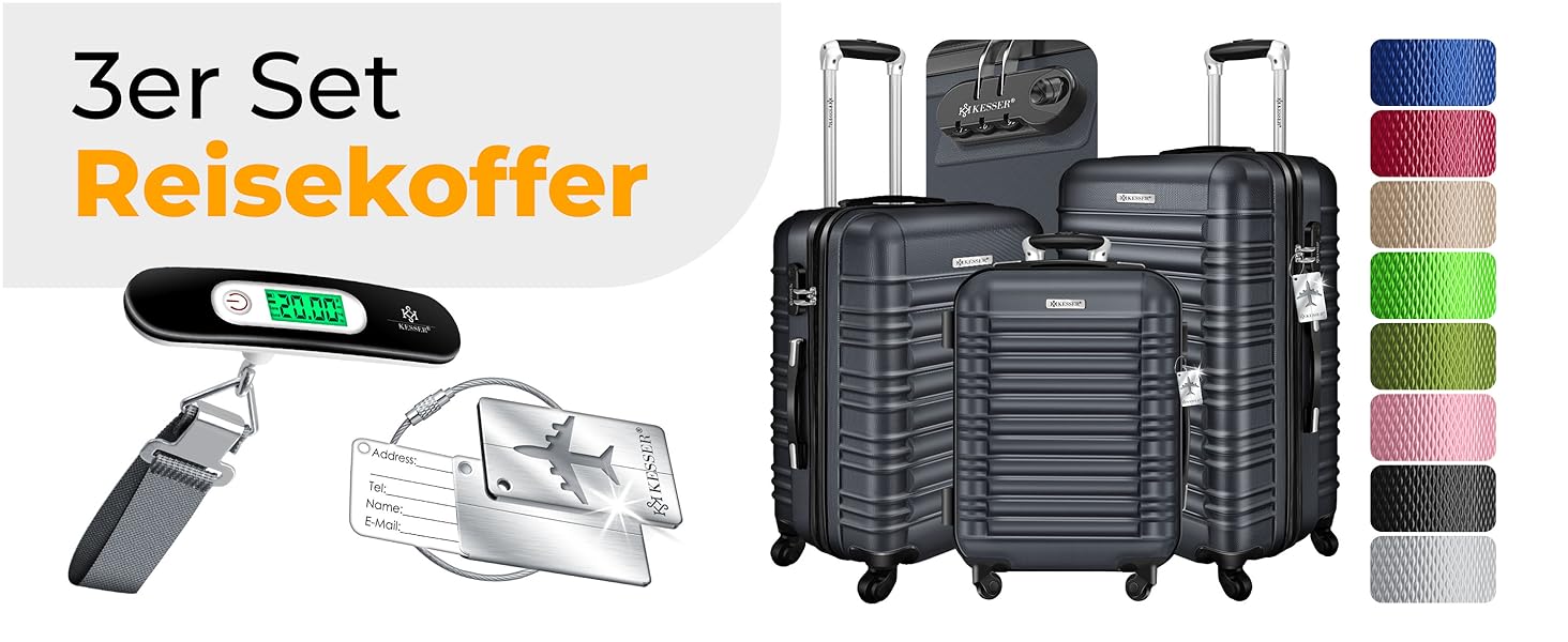 Набір валіз KESSER® 3шт з ABS-пластику: велика, середня, маленька. Валіза-тележка з замком, коліщата 4 шт., ваги в комплекті. Чорний колір.