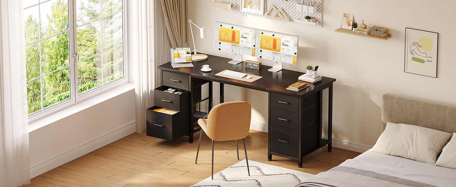 Письмовий стіл Coleshome з 6 шухлядами для комп'ютера та домашнього офісу, 160x52 см, чорний