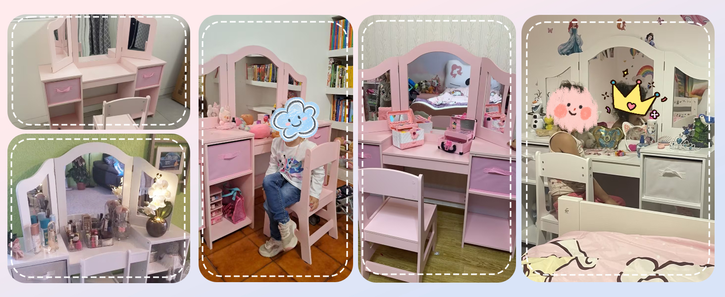 Дитячий туалетний столик MAMIZO 2 в 1 з дзеркалом та стільчиком, рожевий, з 2 висувними ящиками