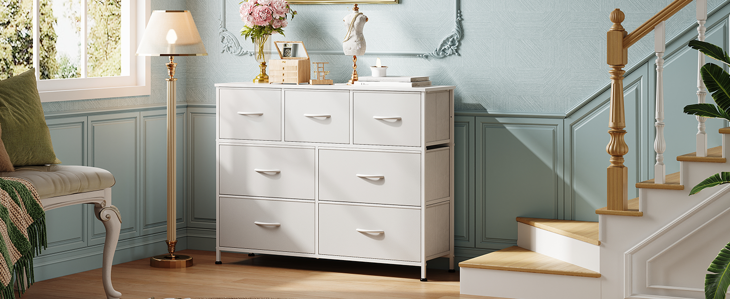 Комод WLIVE з 7 висувними ящиками з тканини, шафа-комод для спальні, комод у вітальню, зі стабільним сталевим каркасом, білий, 7 ящиків, білий