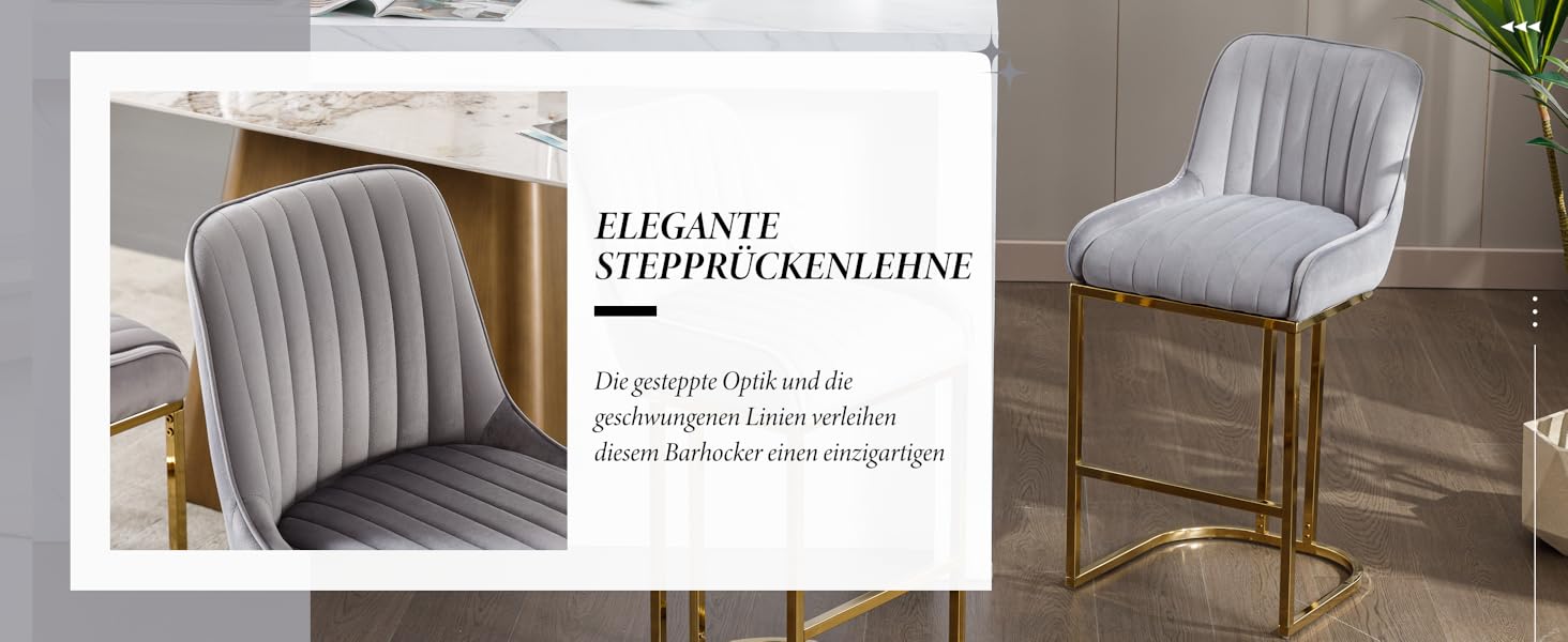 Набір з 2 барних стільців з велюру з золотистими металевими ніжками, з підлокітниками, для кухонного острова/домашнього бару, сірий