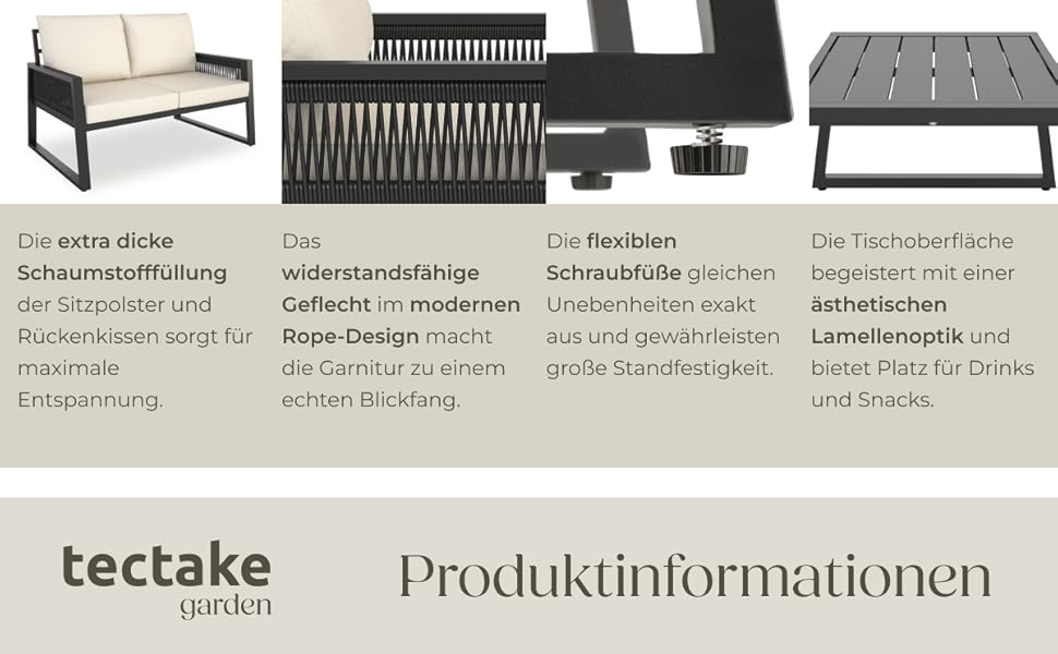 Набір садово-розсудних меблів tectake® Rope Design для саду/балкону: 2 крісла, диван, стіл з імітацією дерева, 4 посадочні місця, з подушками, вологостійкий