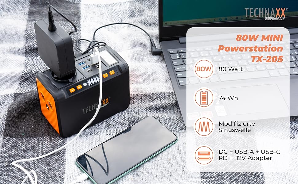 Портативна електростанція  світлодіодною панеллю, лампою, 5 X USB - 74 Втгод Powerbank 230 В із вбудованою розеткою для ноутбука, мобільного телефону, міні-холодильника тощо, сумісний із сонячними зарядними пристроями, 205