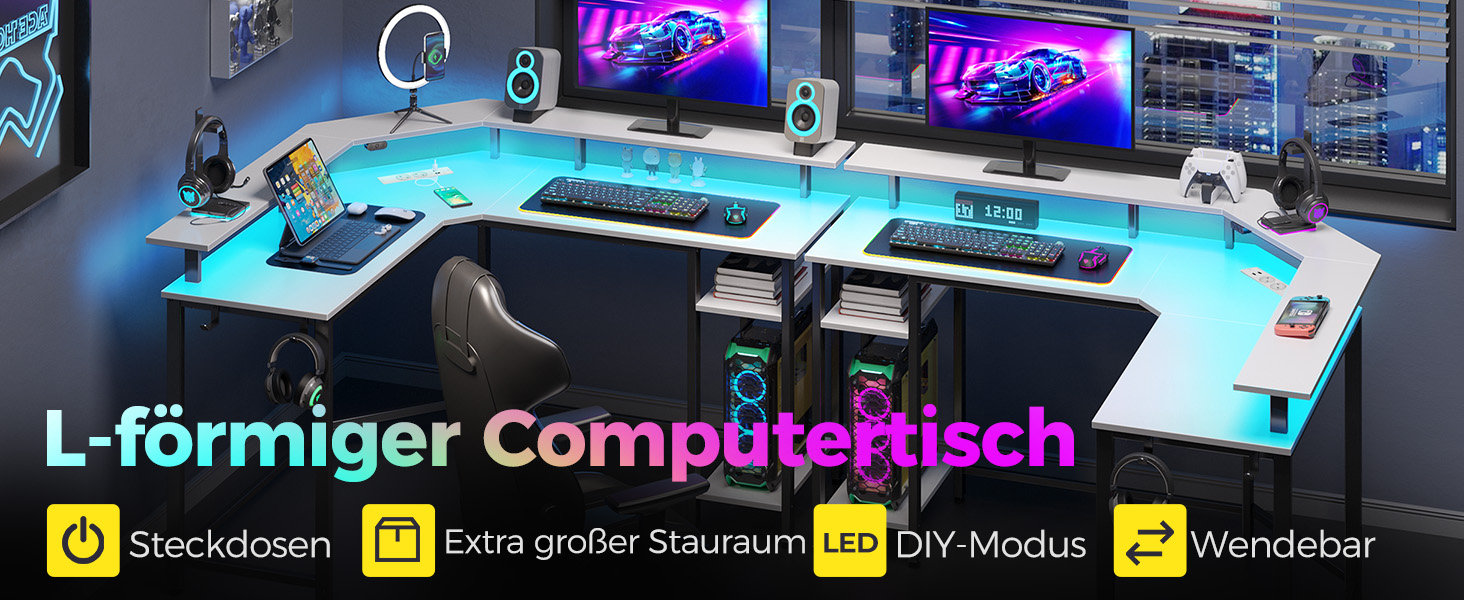 Кутовий стіл Rolanstar з LED-підсвічуванням та розетками, 135 см, для комп'ютера з підставкою для монітора та полицею, реверсивний, з 2 гачками, для робочого кабінету, спальні, офісу (134,5 x 117,5 x 86,9 см, білий)