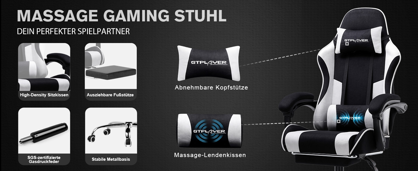 Ігровий крісло GTPLAYER з підніжкою та масажем, білий, тканинний