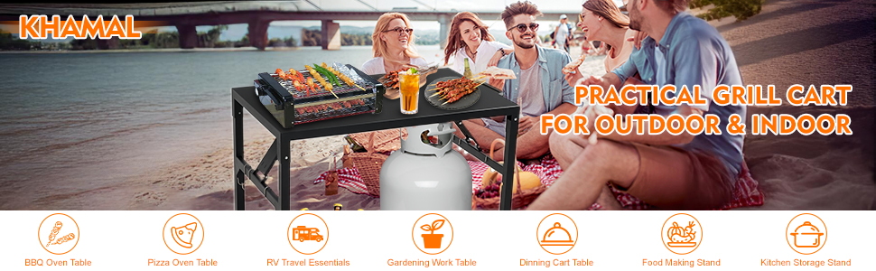 Складаний гриль-візок Khamal: гриль-стіл, піч для піци на коліщатках, мобільний стіл для барбекю та приготування їжі на вулиці та в приміщенні
