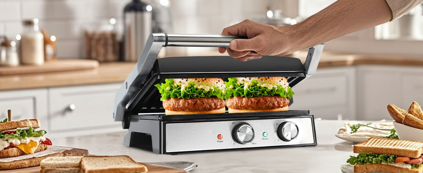 Контактний гриль Aigostar з керамічним покриттям, таймер на 30 хв. Паніні гриль та сендвічмейкер для сендвічів, стейків, тостів. 2000 Вт, регульований термостат, відкривання 180°, функція грилю