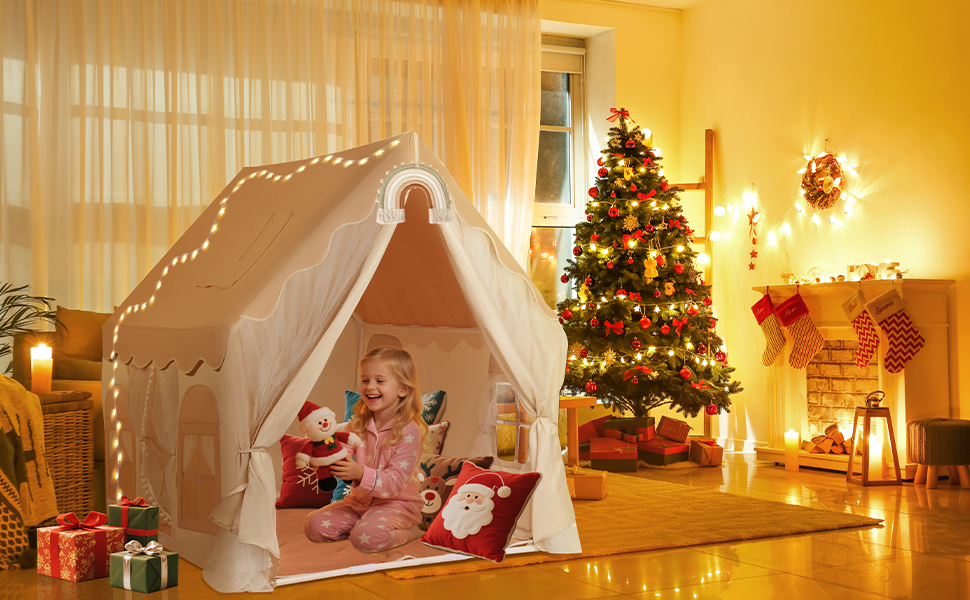 Дитяче намет-ігровий будиночок Snookids Kinderzelt Indoor з килимком, ліхтариками, прикрасами-веселкою та прапорцем-зіркою для хлопчиків та дівчаток