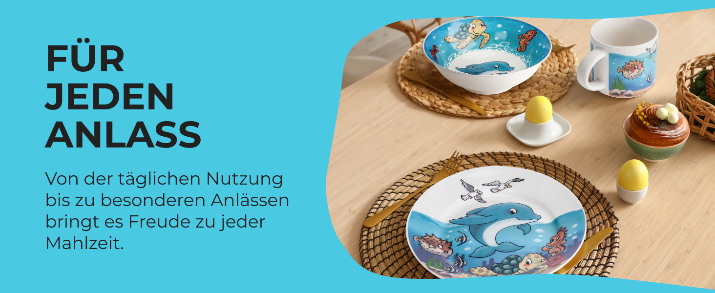 MIAMIO Набір дитячого посуду 3 шт. з порцеляни (Тарілка, Миска, Чашка) - Океан
