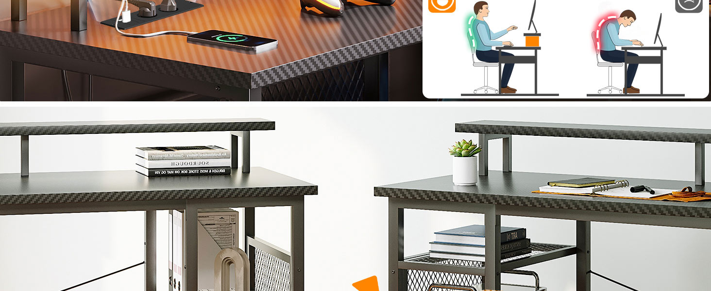 Ігровий стіл ODK з LED-підсвічуванням, 150x102 см, з 2 розетками та 2 USB-портами, кутовий, з підставкою для роутера, карбон, чорний