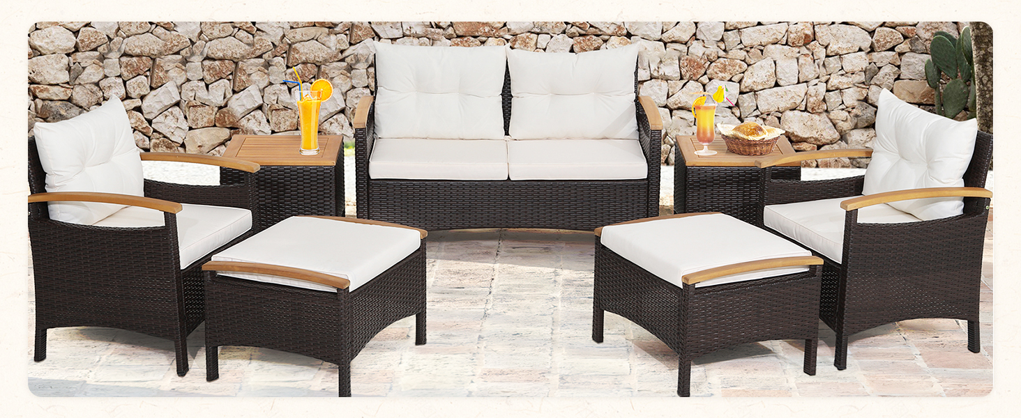 Набір садових меблів GIANTEX 5 предметів: 2 крісла, 2 пуфи та столик - ротанг, кремово-білий колір, для саду та балкону