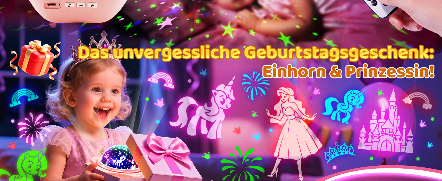 Проєктор зоряного неба One Fire Sternenhimmel для дітей: 96 режимів + 6 фільмів, нічник, обертання 360°, рожевий, з пультом ДУ, подарунок для дівчаток 1-9 років