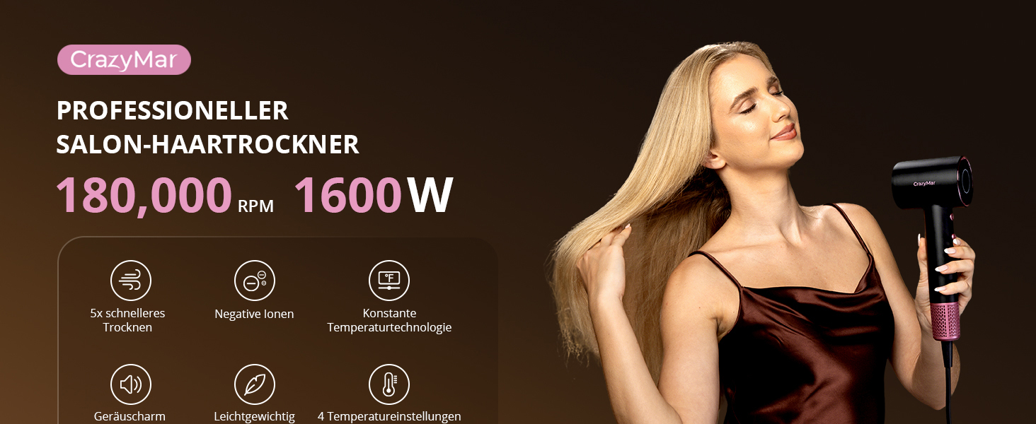 Іонний фен для волосся з безщіточковим мотором 180 000 об/хв, компактний дорожній фен з 4 режимами температури та захистом від перегріву, чорний