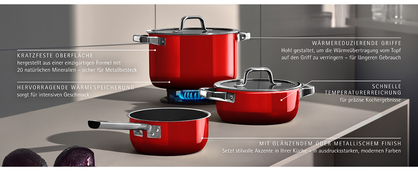 Набір каструль WMF Fusiontec 4 предмети, червоний, 16 см - для всіх плит, індукція, німецька якість