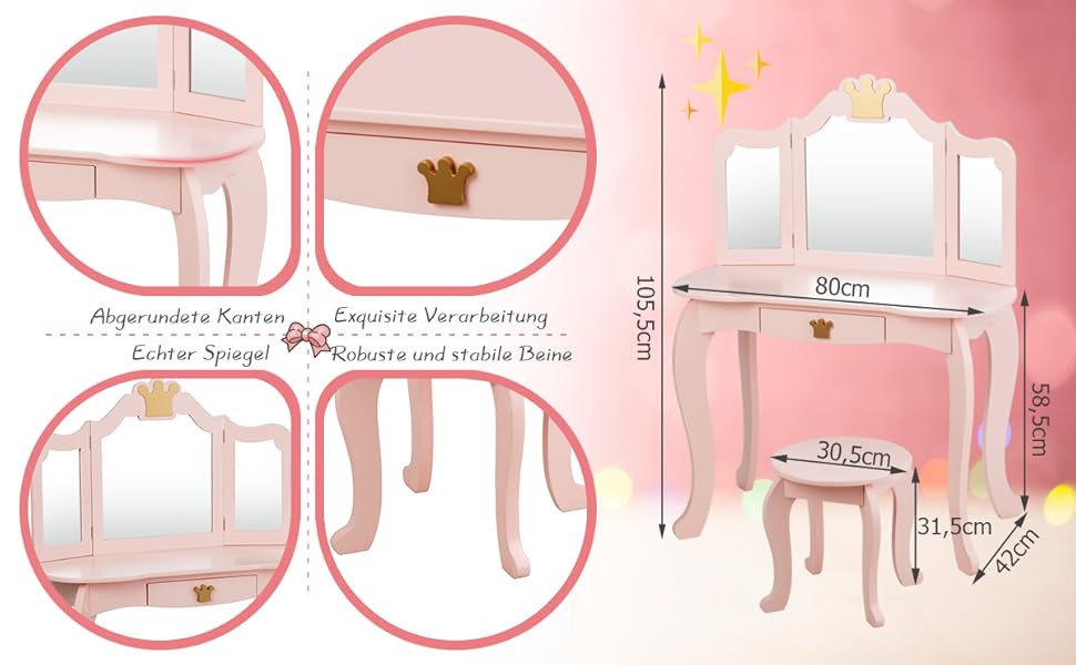 Дитячий туалетний столик COSTWAY з табуреткою, знімне дзеркало, ящик, 80x42x105см (рожевий)