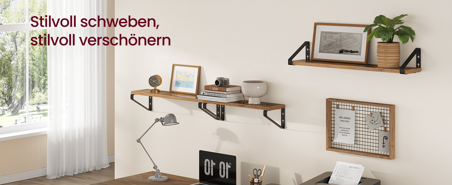 Настінна полиця VASAGLE, 6 шт. у наборі, 30/35/40 см, вінтажний коричневий + матовий чорний, для вітальні, кухні, кабінету, ванної кімнати