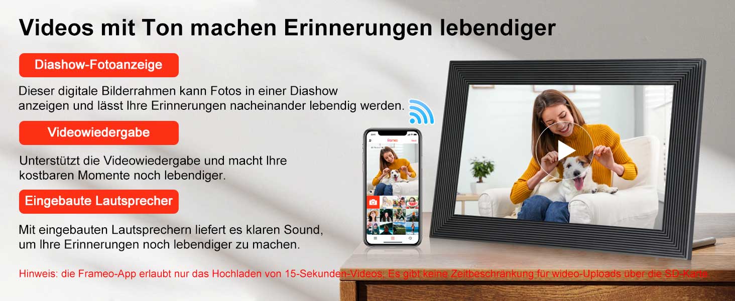 Frameo Цифровий фоторамка 10.1 дюйма з Wi-Fi, HD сенсорний екран, 16GB пам'ять, автоматичне обертання, віддалене завантаження фото та відео, настінний монтаж (чорний)