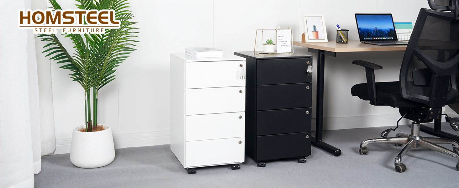 Роликовий контейнер HOMSTEEL з 3 замками, 4 шухлядами, для офісу та дому, білий (44 x 37 x 69.5 см)