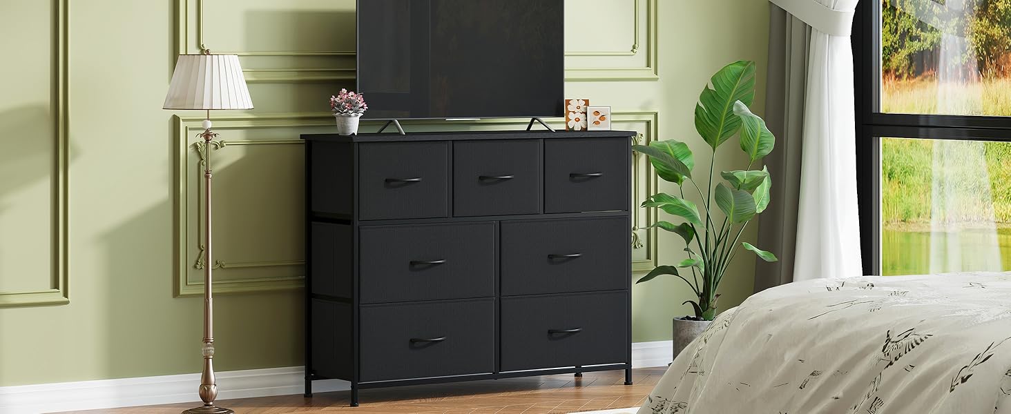 Комод Somdot з висувними ящиками, тканинний комод, комод для спальні, вітальні, прихожої, шафа для зберігання, 5 тканинних ящиків, білий колір, штучна шкіра (чорний, 30T x 100B x 74.5H см (7 ящиків))