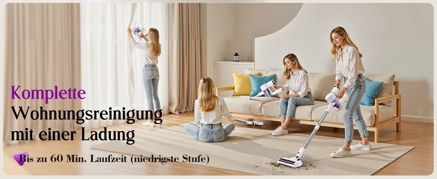 Бездротовий акумуляторний пилосос 45000 Па, 60 хв, 1,75 кг, 6-в-1 з сенсорним екраном, LED-підсвіткою, антизаплутувальною щіткою та зарядною станцією, 7-шарова фільтрація для шерсті тварин, килимів, твердих поверхонь, авто, білий з фіолетовим