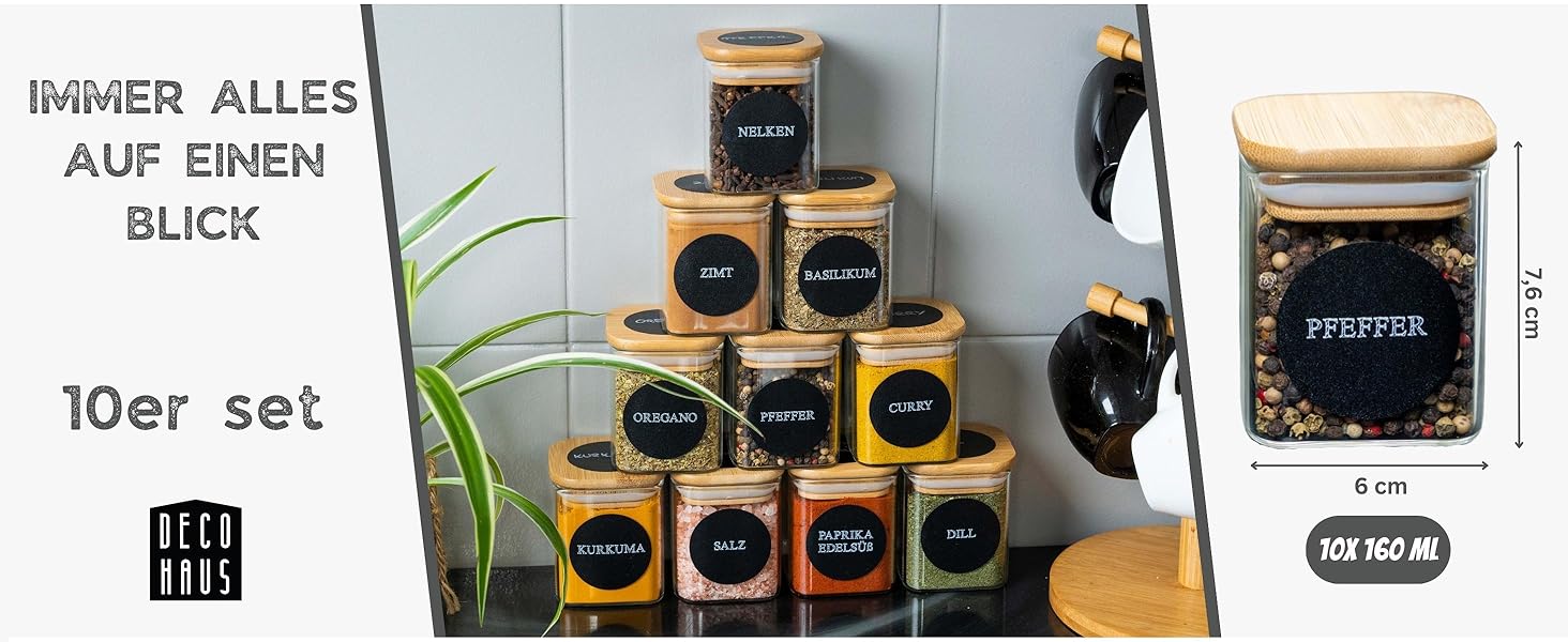 Набір скляних банок для спецій Deco haus® з дерев'яними кришками (10 шт.) - Набір контейнерів для спецій, кухонні баночки, зберігання спецій